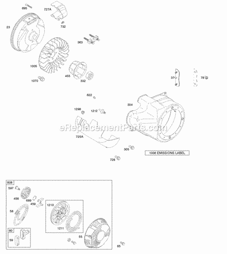 Blower HousingShrouds Flywheel Rewind Starter Diagram and Parts List for 210332-0036-E9  Briggs and Stratton Engine
